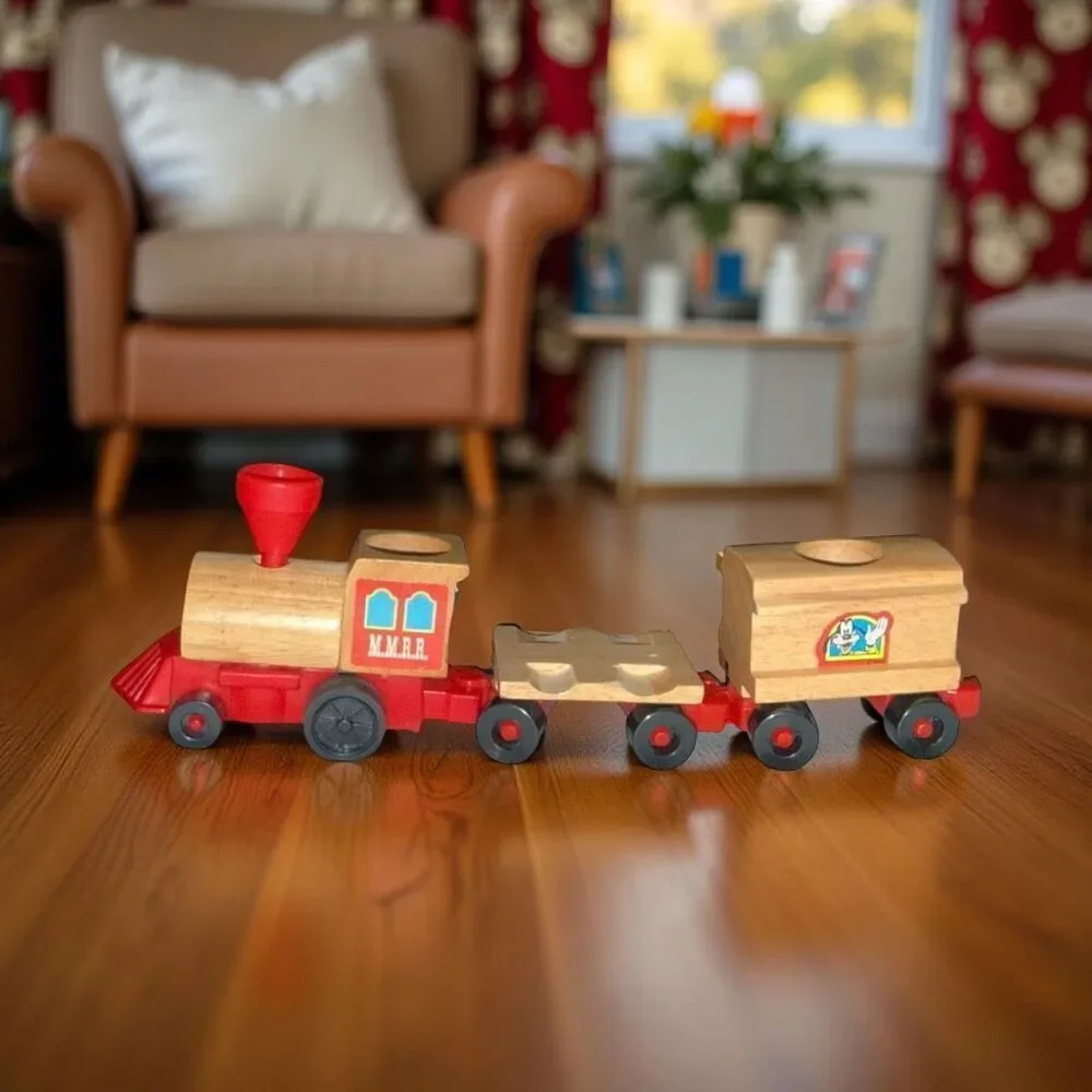 Vintage Mattel Disney Mickey Mouse Rail Road Train Wood & Plastic 3 Pc Set A41